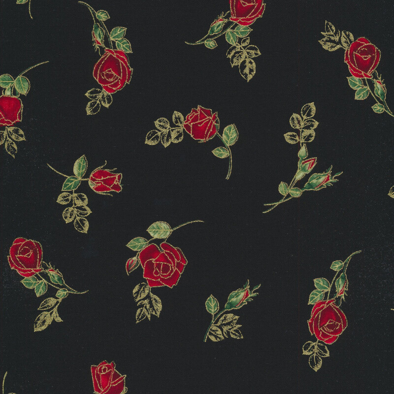 tossed roses and rose buds on a black fabric background with gold metallic accents