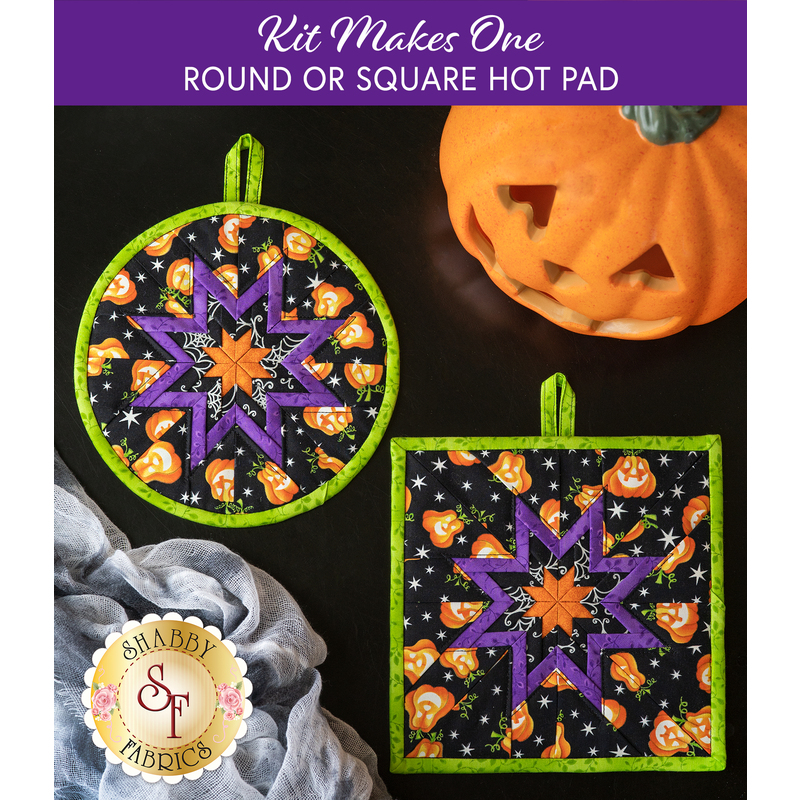 Round and Square hot pads with central folded star design featuring Halloween themed fabrics.