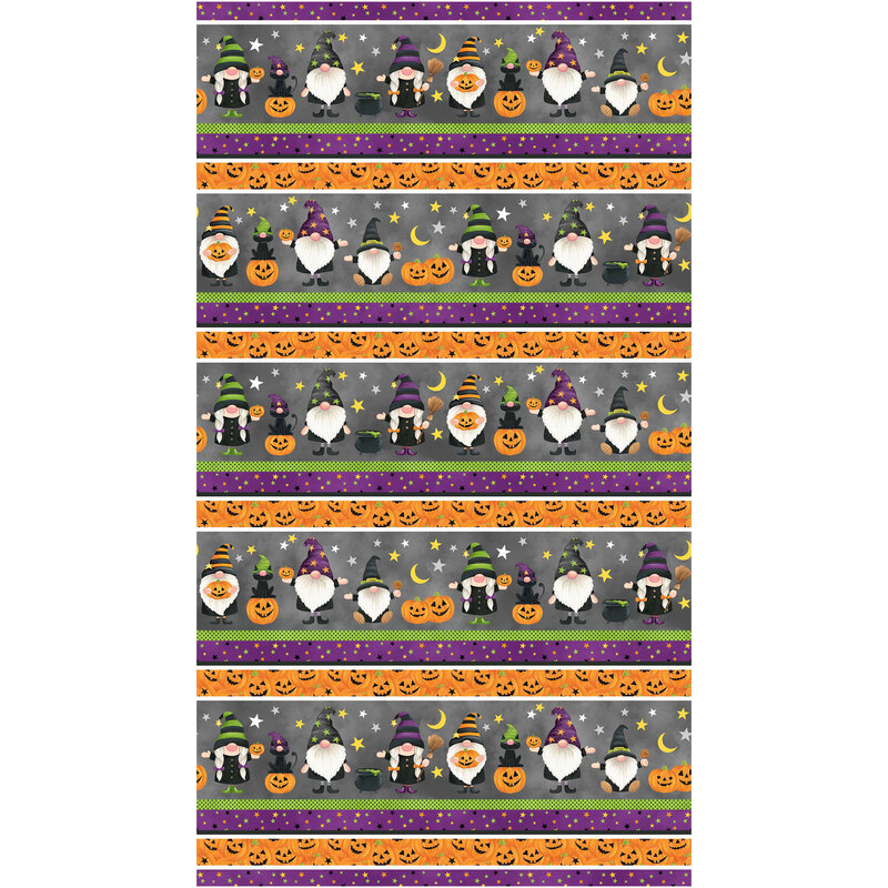 Full image repeat of striped fabric with pumpkins and cute gnomes