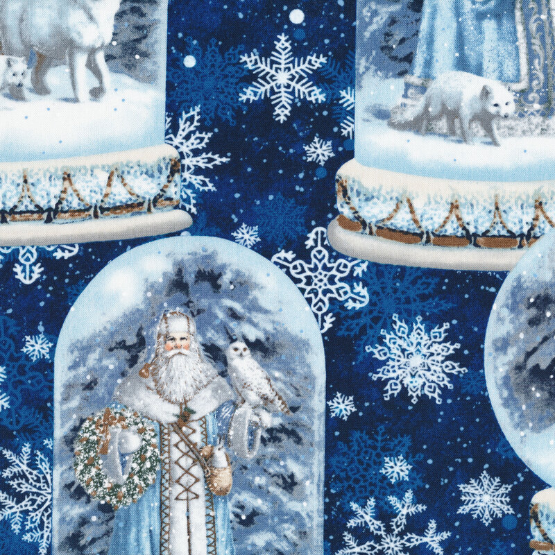 Blue fabric with Santa Claus snow globe, snowflakes, and animals