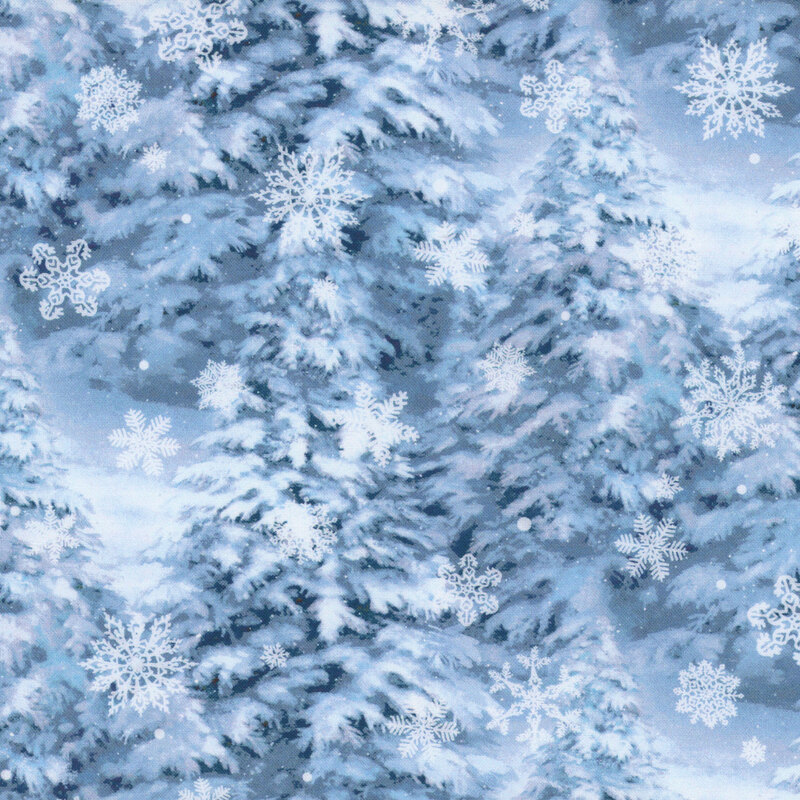 Light blue and white fabric with snow filled tree's and snowflakes
