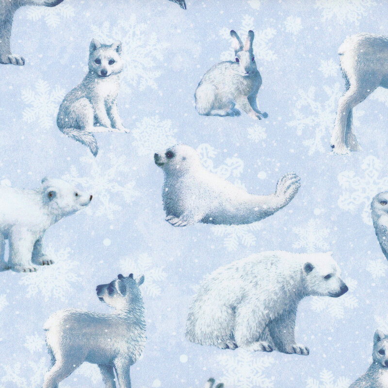 Light blue fabric with snowflakes and winter animals