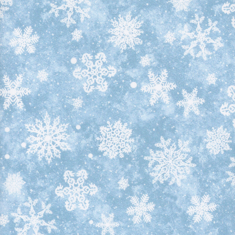 Light blue mottled fabric with white snowflakes