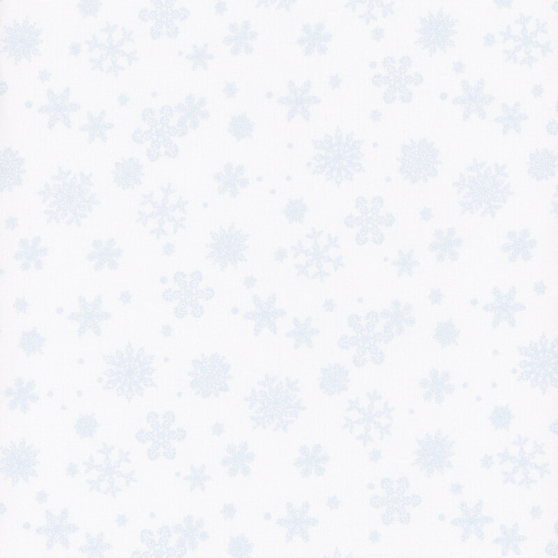 White fabric with light blue snowflakes throughout