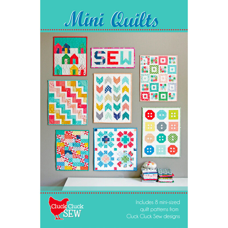 Cluck Cluck Sew Mini Quilts front cover with all 8 finished mini quilts