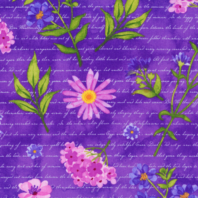 Pink and purple florals on a purple fabric background