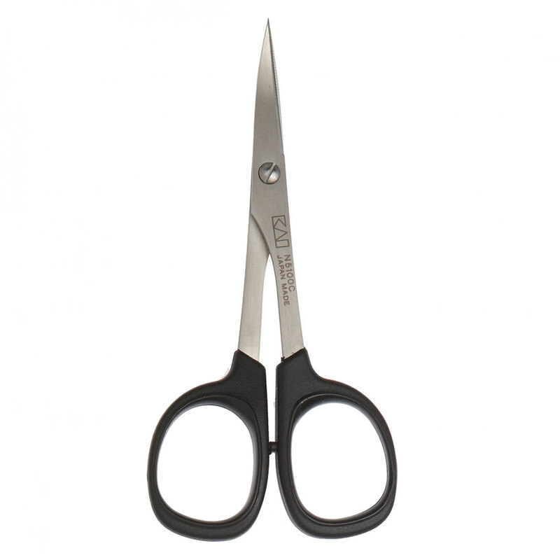 A pair of stainless steel scissors with black rubber grips, positioned with blades closed.