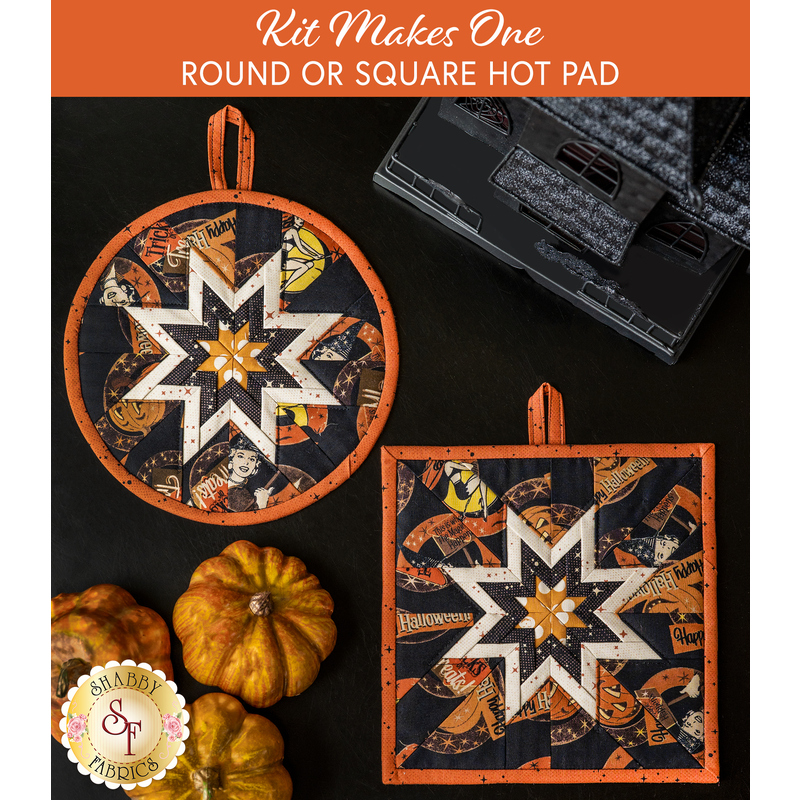 Halloween themed hot pads with central folded star design with black fabric featuring phrases, Jack-o-lanterns, and witches.