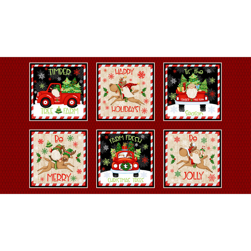 A fabric panel with 6 blocks, each with a Christmas theme with gnomes, reindeer, and vintage trucks