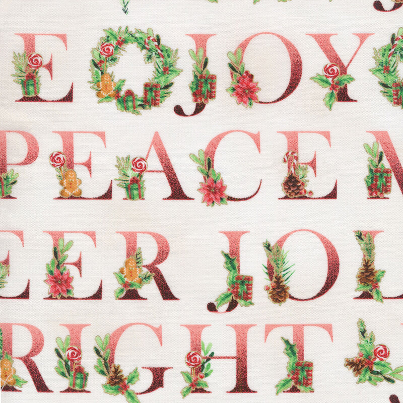 Cream fabric with Christmas words, holly, and wreaths