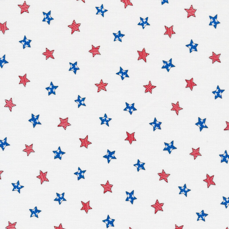 Red and blue patriotic stars tossed on a white background