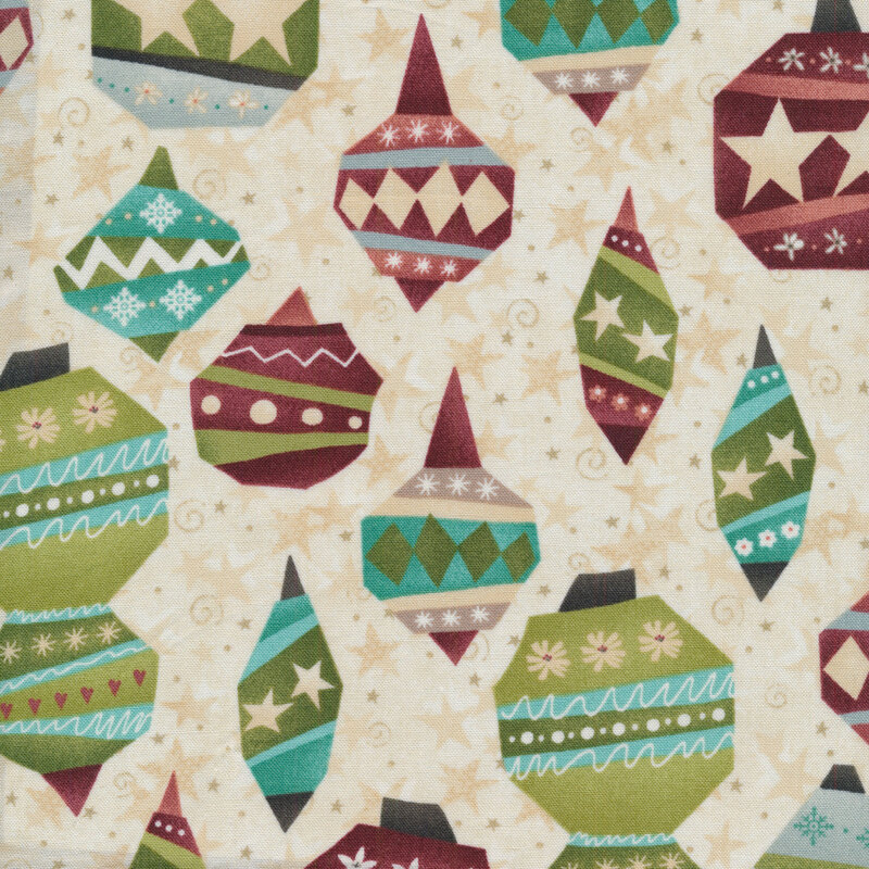 Cream fabric with blocky geometric red and green ornaments all over