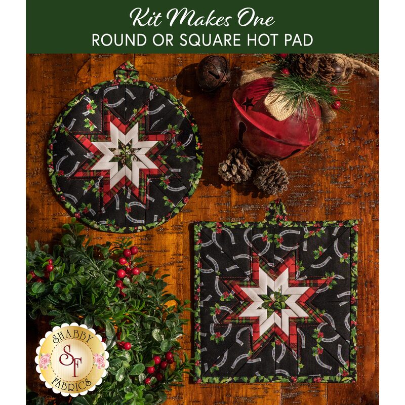 Two hot pads made of black fabric with tossed horseshoes and holly featuring a central folded star.