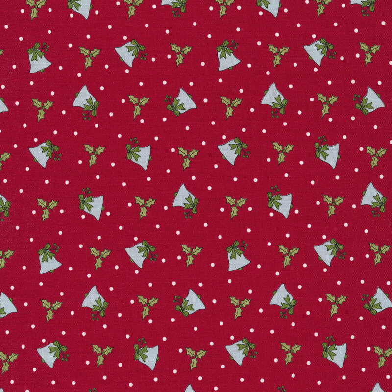 Tossed light blue winter bells with tossed holly on a red background