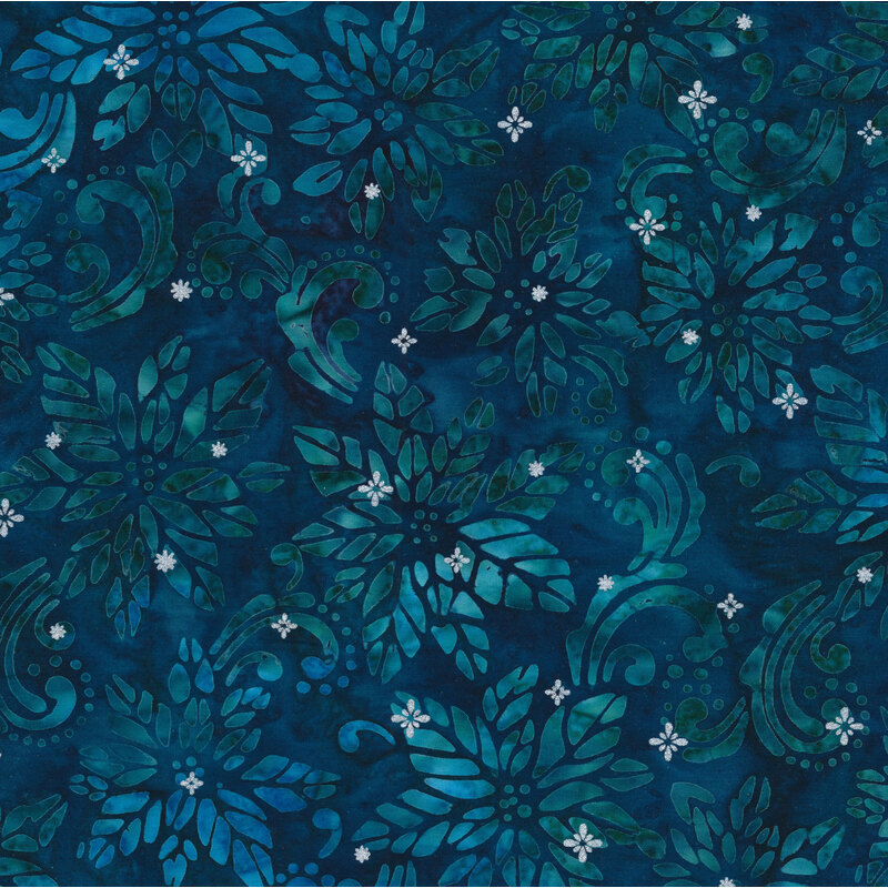 Dark blue mottled batik with dark teal and blue poinsettias and swirls with small gold stars