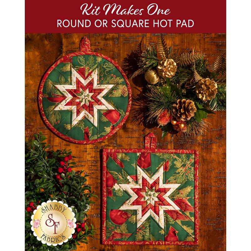 Two green hot pads with central folded star featuring cardinals and holly.