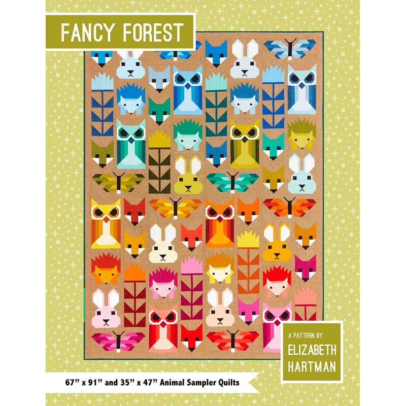 Front of fancy forest pattern featuring many colorful animal faces