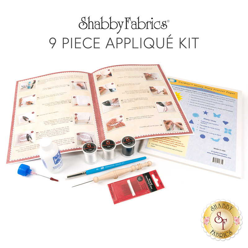 A flat lay of the Shabby Fabrics 9 Piece Applique Kit, featuring instructions, tools, and supplies.