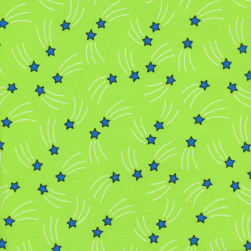 Blue shooting stars all over a green background