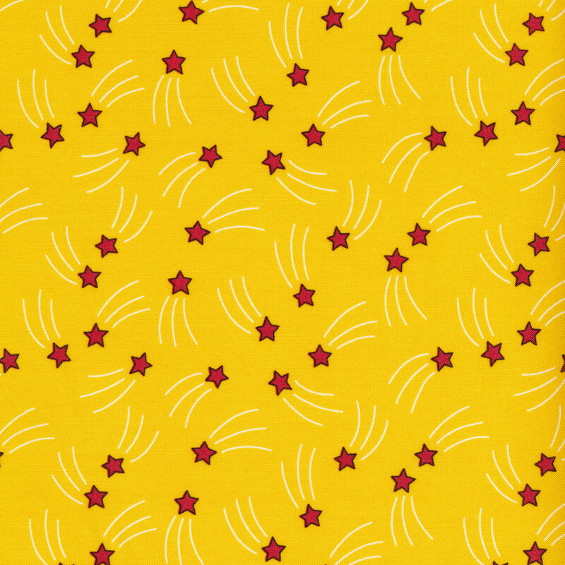 Red shooting stars all over a bright yellow background