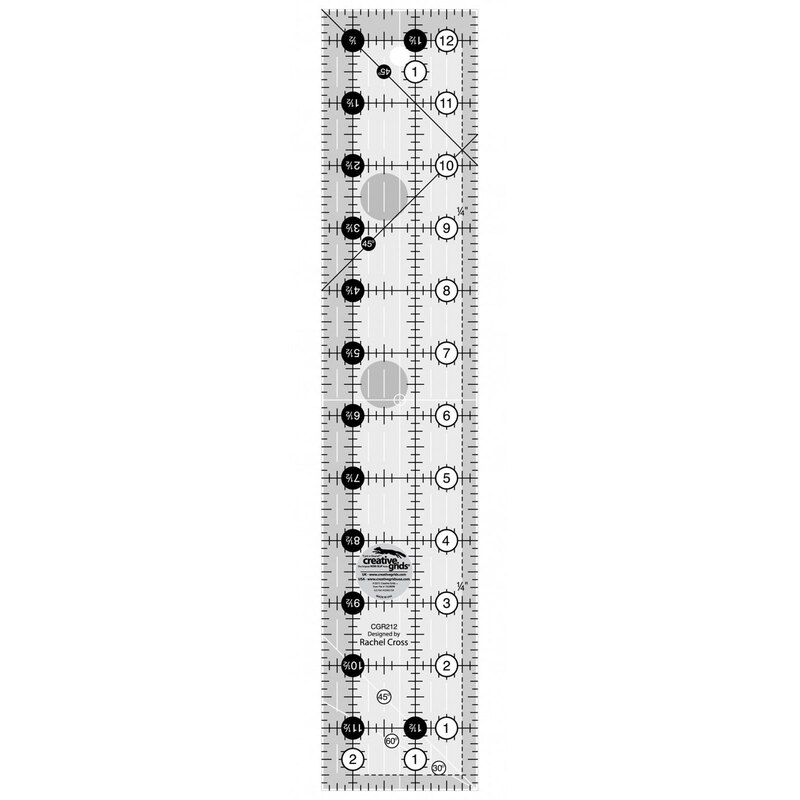 An acrylic quilting ruler with marked measurements, grip circles, and alignment lines for precision cutting.