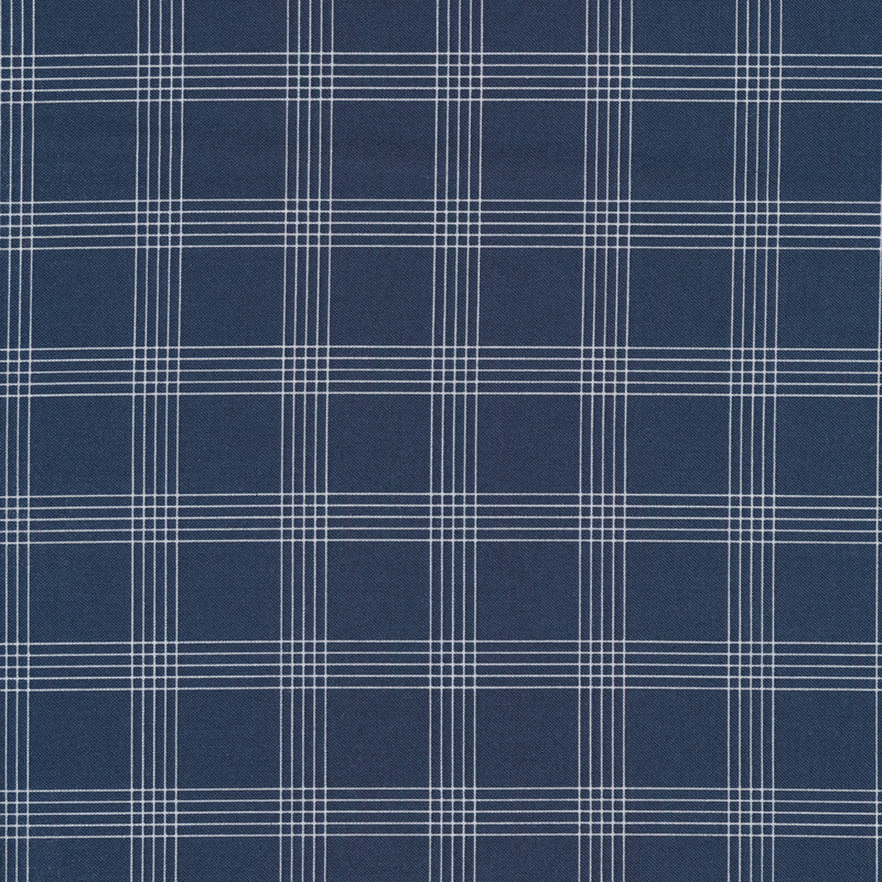 Fabric with white plaid lines all over a navy blue background