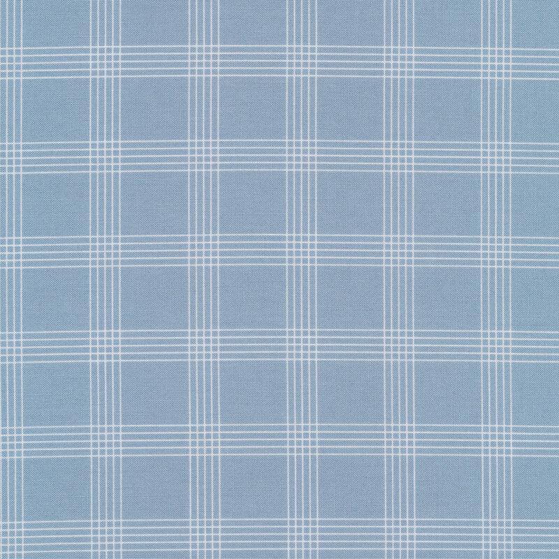 Fabric with white plaid lines all over a light blue background