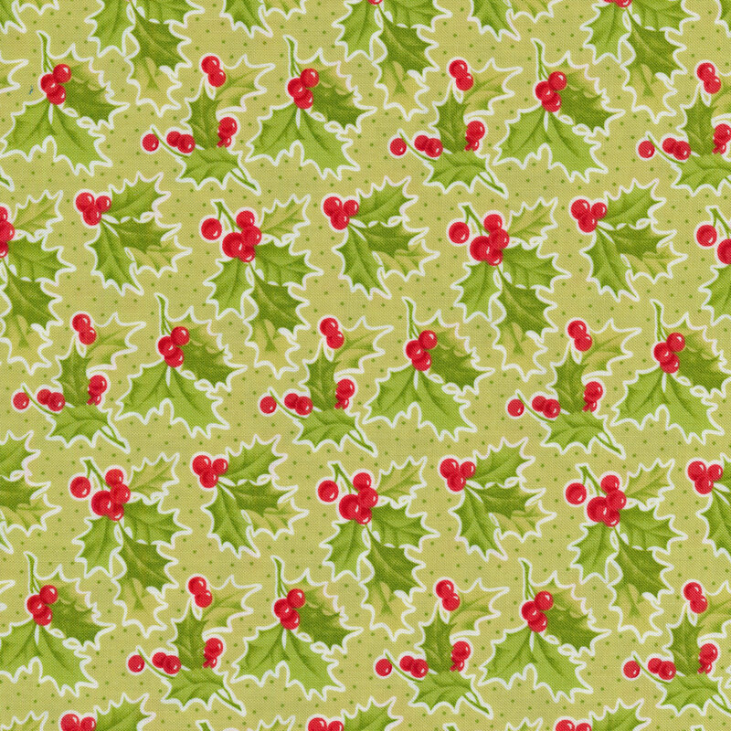 Holly, leaves, and small dots on a light green fabric.