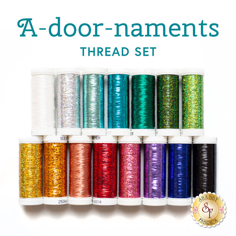 collection of 15 metallic thread spools in multiple colors.