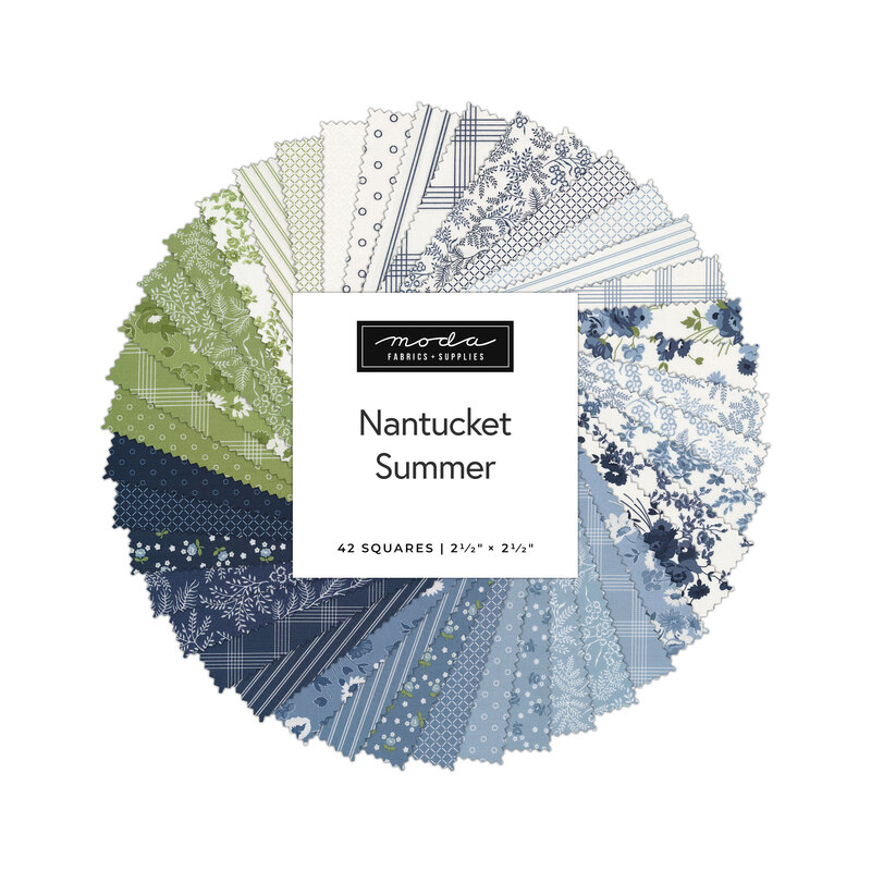 A collage of fabrics included in the Nantucket Summer Mini Charm Pack