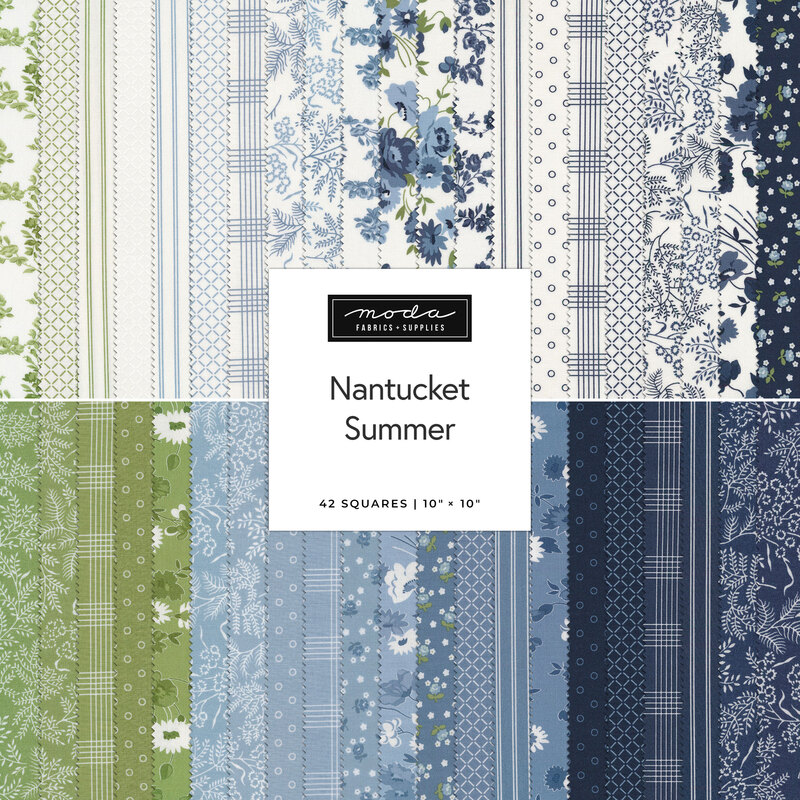 A collage of fabrics included in the Nantucket Summer Layer Cake