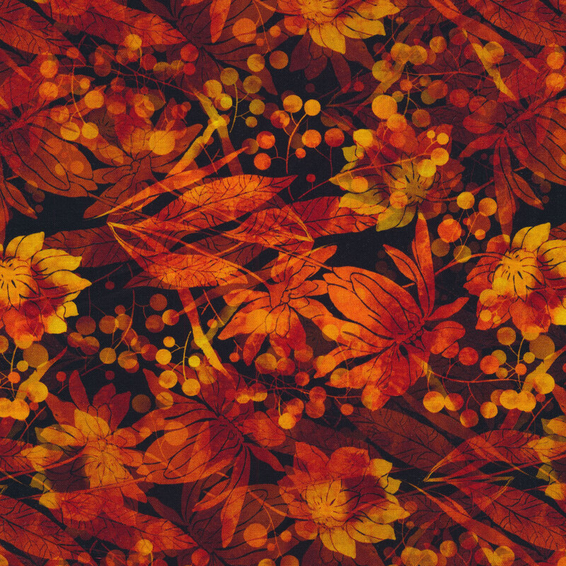 Black fabric with orange and red leaves, flowers, and vines all over