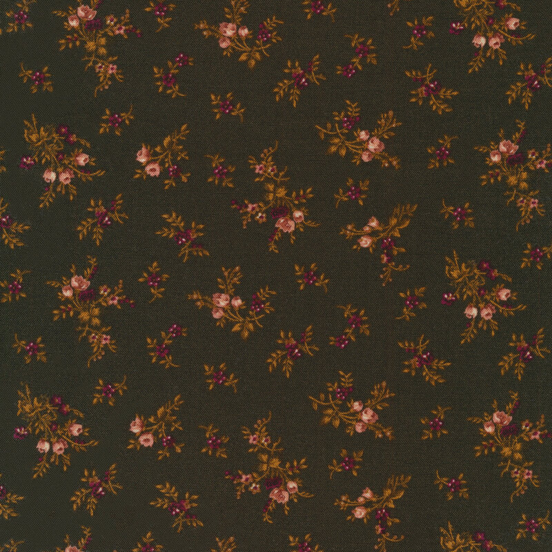 Fabric of a floral print with small flowers and leaves on a chocolate brown background