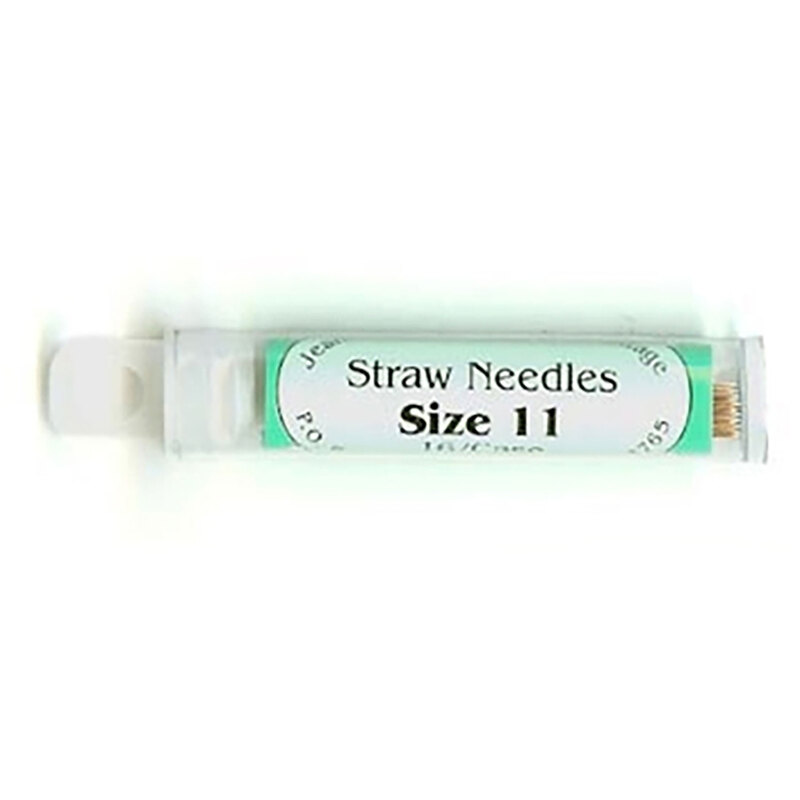 Clear plastic container labeled Straw Needles Size 11 with needles inside.