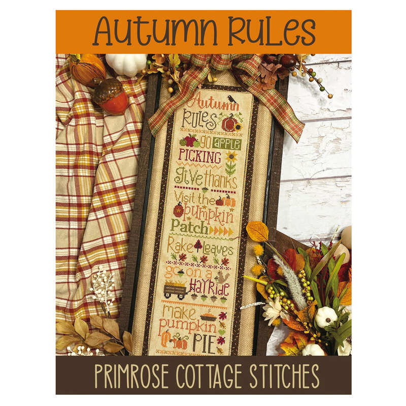 The front of the Autumn Rules Cross Stitch pattern by Primrose Cottage showing the finished project.