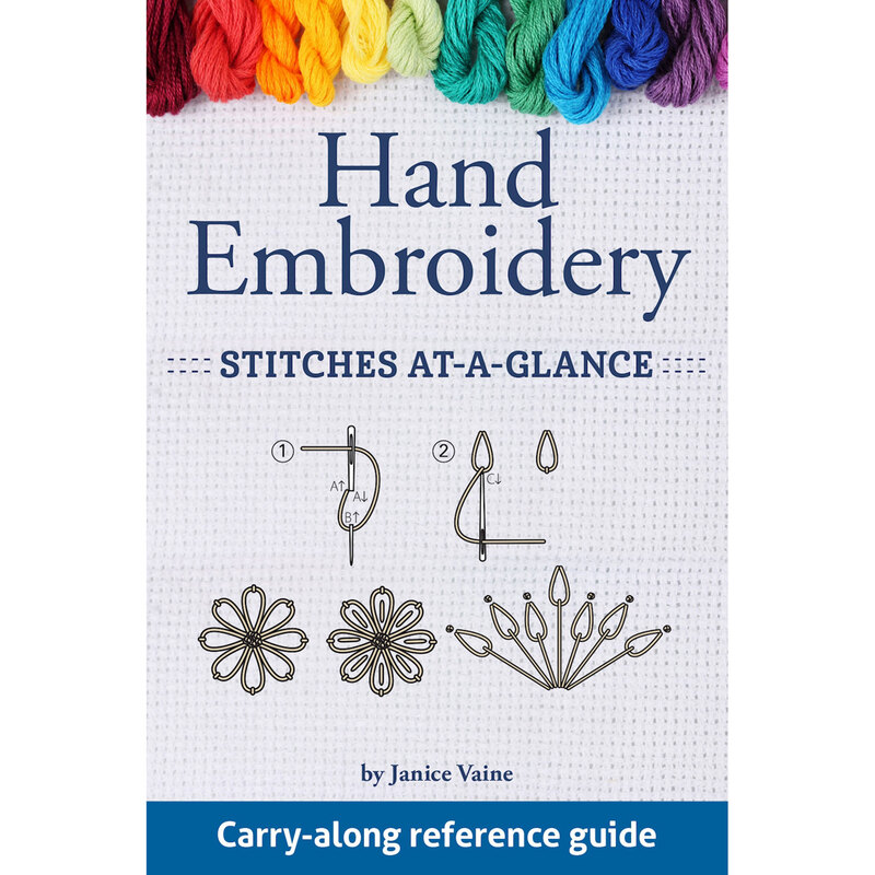 The front of the Hand Embroidery Stitches At-a-Glance Book with rainbow embroidery thread across the top and the title in blue and some embroidery stitch examples.