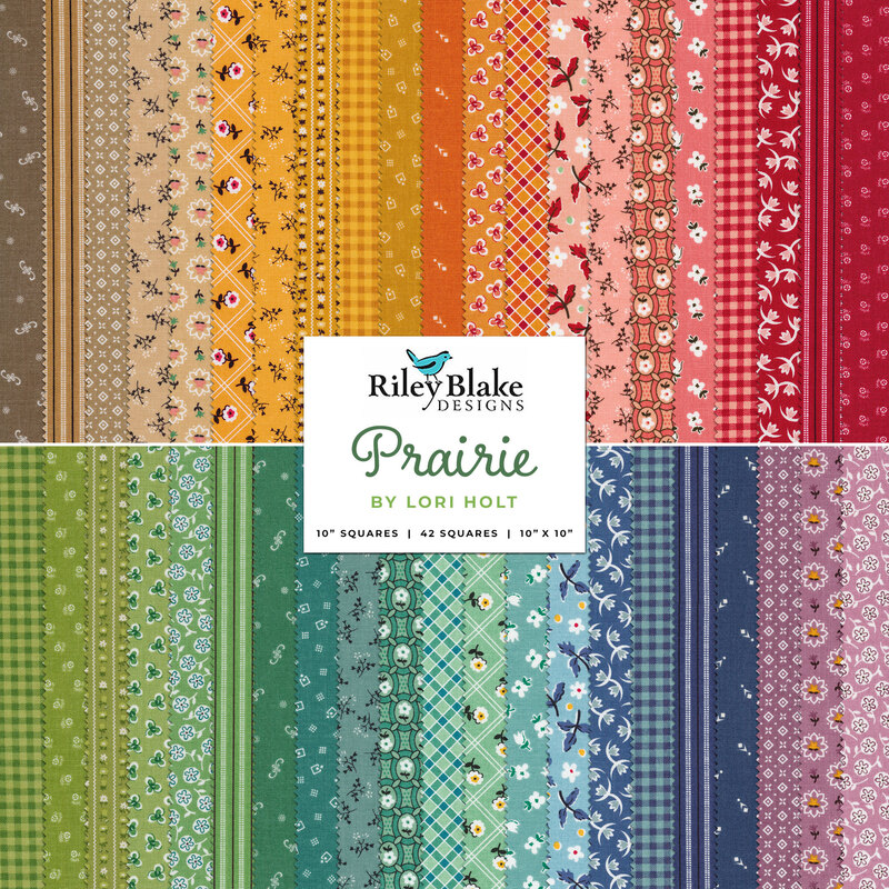 A collage of prairie themed fabrics included in the 10" Square precut pack from the Riley Blake Prairie collection