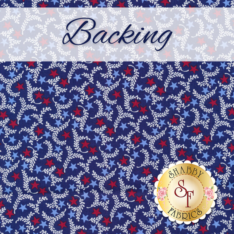 A swatch of blue fabric with red and blue stars and white ferns. A translucent white banner at the top reads 