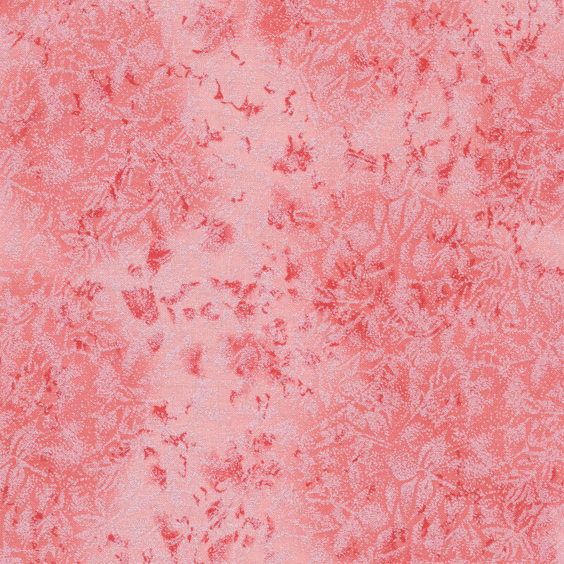 Tonal geranium pink fabric features mottled design with metallic accents