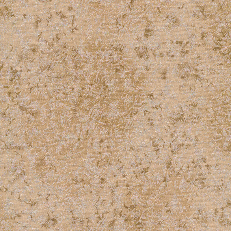 Tonal light brown colored fabric features mottled design with metallic accents