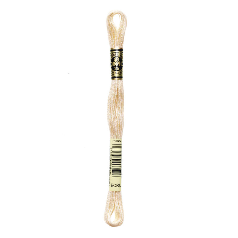 A skein of light ecru embroidery floss, twisted and bundled, with a black and gold label featuring the brand name and color information.