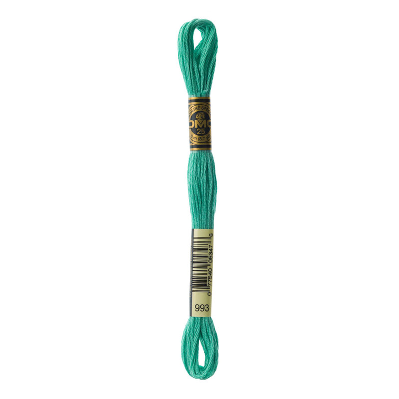 A single skein of turquoise embroidery floss, neatly twisted and labeled with a brand and color number.