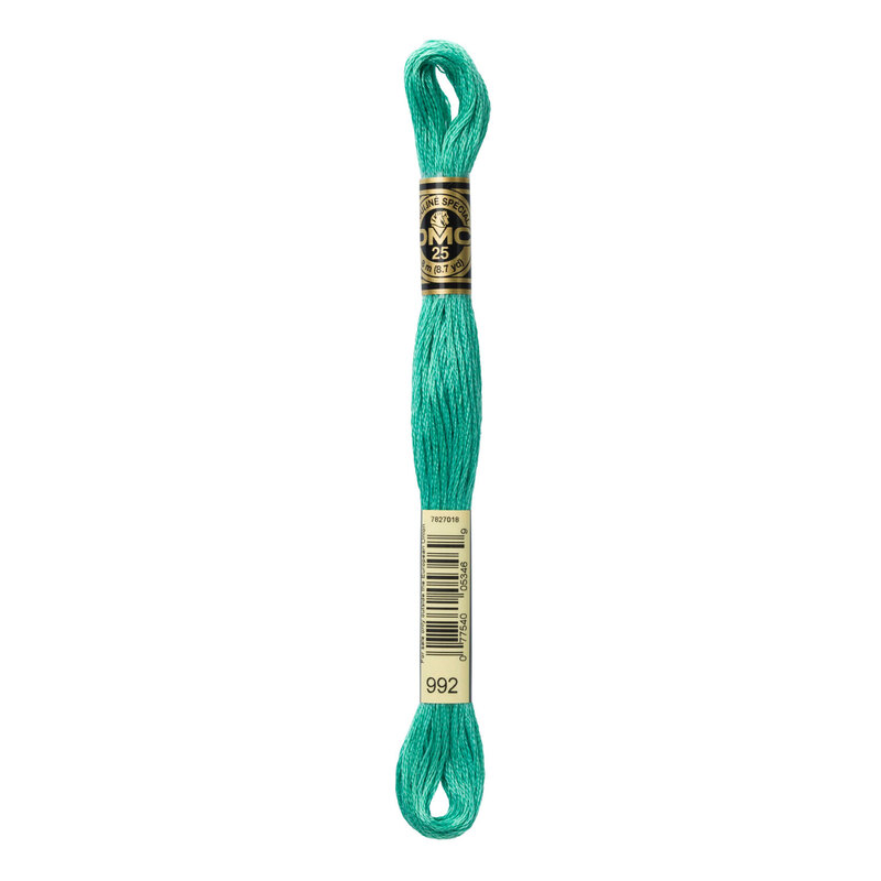 A single skein of aqua-colored embroidery thread, featuring a label with a brand logo and a barcode.