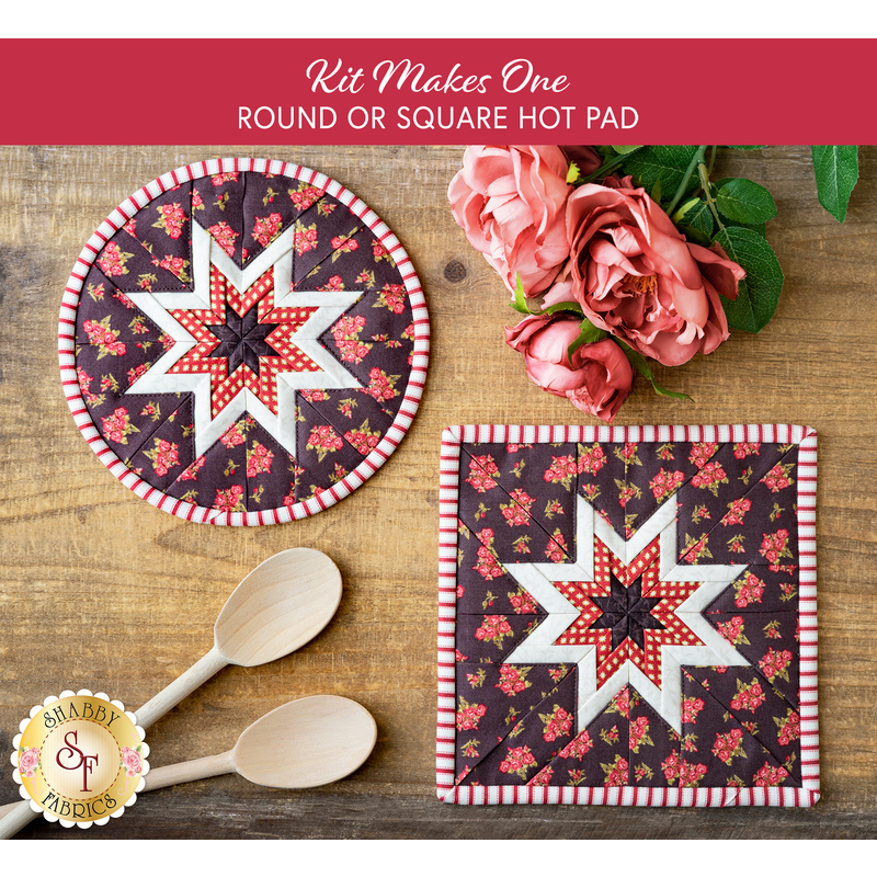 Two hot pads with central folded star design made of floral red, and white fabrics.