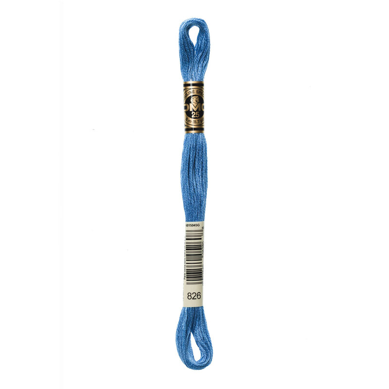 A skein of DMC 826 Medium Blue 6 strand embroidery floss