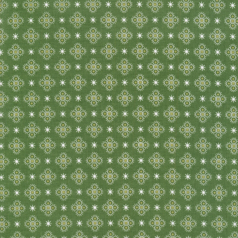 A repeating pattern of small floral motifs in white against a dark green background.