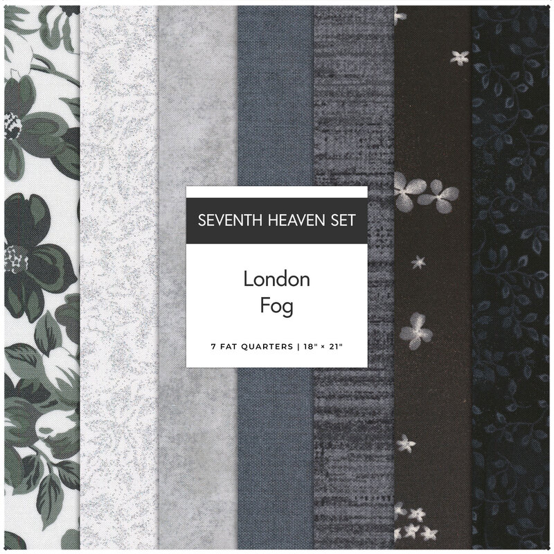 A collage of 7 gray and charcoal fabrics in the London Fog seventh heaven set