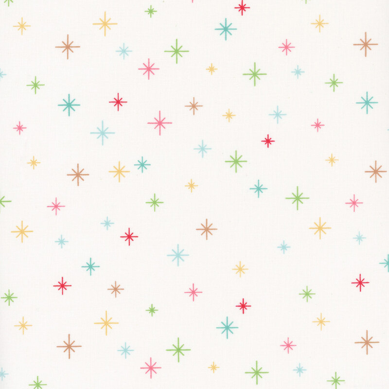 Multicolored, minimalist starbursts on a white background.