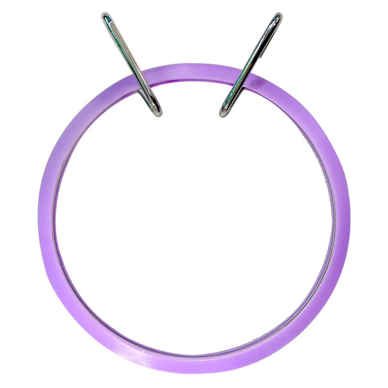 Image of purple plastic spring tension hoop with metal insert on a white background