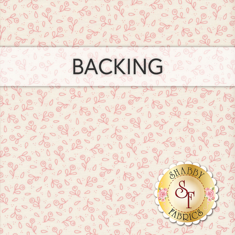 A swatch of cream fabric with small pink outlined flowers and leaves. A light pink banner at the top reads 